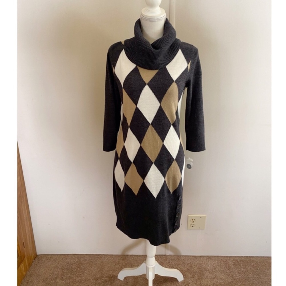 NWOT Studio I Cowl Neck Turtleneck Grey Argyle Sweater Dress Size Large